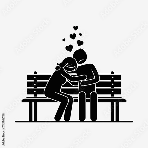 Silhouette couple embracing on a park bench with hearts floating above their heads