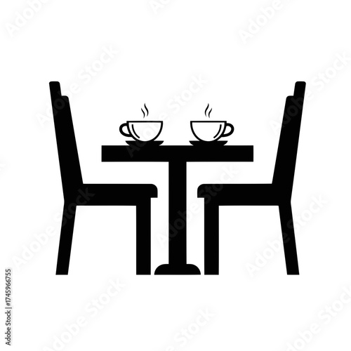 Two steaming cups of coffee on a small table between two chairs