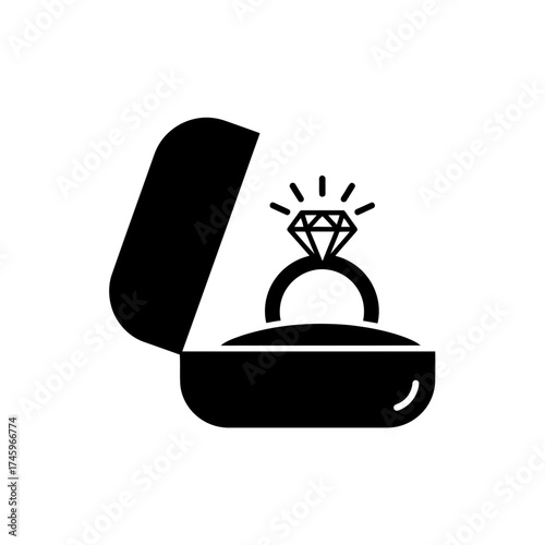 A black and white illustration of a diamond ring in an open box, isolated on a