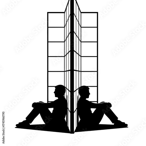 Two silhouette figures sitting back to back against a geometric divider
