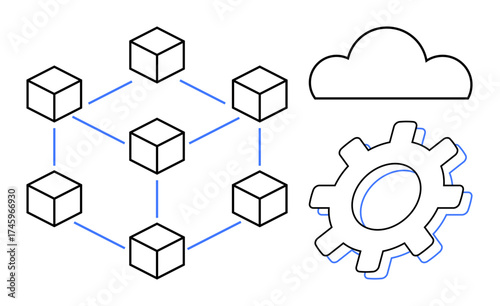 Network of connected cubes linked to cloud and gear, symbolizing blockchain, cloud computing, innovation, and interconnectivity. Ideal for technology, decentralization, automation, system planning
