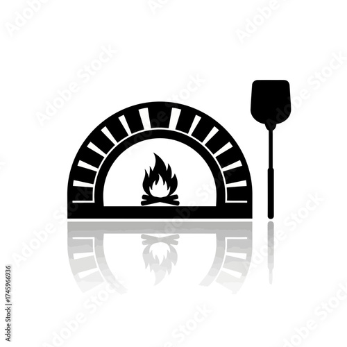 Black and white illustration of a pizza oven with a fire inside and a pizza peel