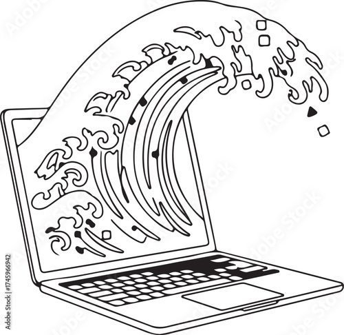 Conceptual Illustration of a Massive Data Wave Crashing Out of a Laptop Screen, Symbolizing Information Overload.