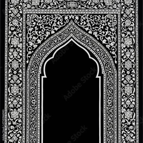 Intricate islamic prayer rug with traditional arch design and floral motifs, elegant black and white pattern