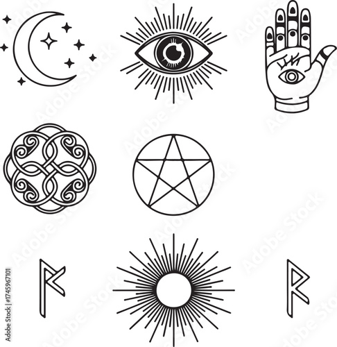Grid of Nine Occult and Mystical Symbols Including a Moon, All-Seeing Eye, Pentagram, and Runes