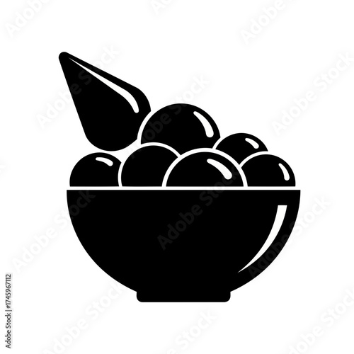 A black and white illustration of a bowl filled with round objects, possibly fruit or candy, with a scoop or coneshaped object resting on top