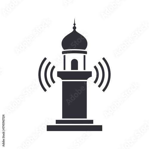 Islamic minaret with signal waves emanating from it, representing communication or broadcast