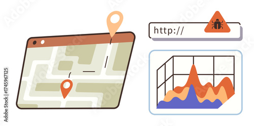 Stylized map with location pins, URL security alert with bug icon, and chart with data trends. Ideal for cybersecurity, navigation, analytics, data security, technology, internet safety simple flat