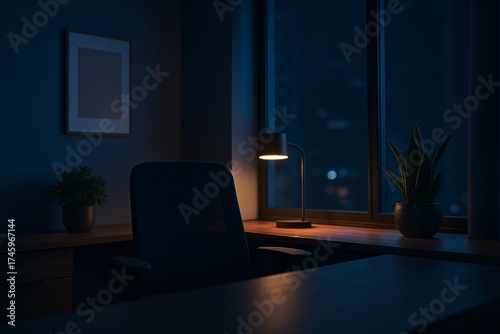 Modern office background at night with blue tone lighting viewed from laptop camera