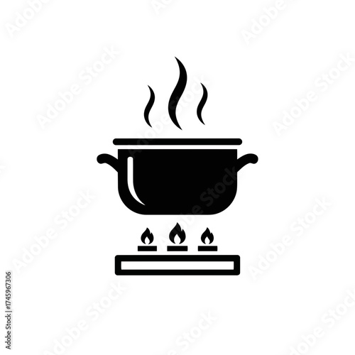 A black and white icon of a pot on a gas stove with steam rising