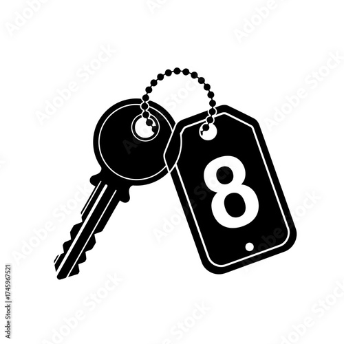 Black and white illustration of a key with a numbered tag