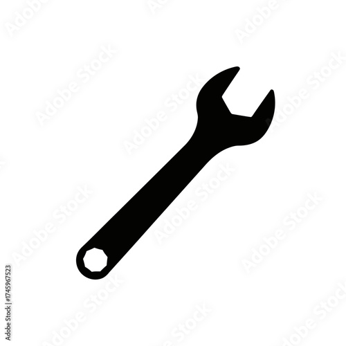 A black silhouette of a combination wrench, , representing tools and repair