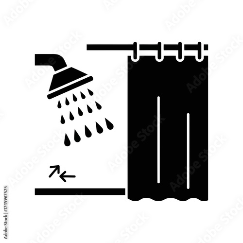 Black silhouette icon of a shower head spraying water next to a shower curtain