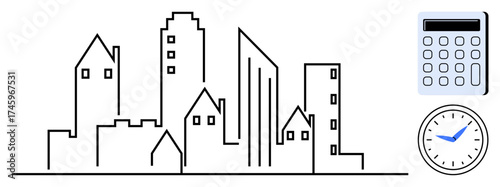 Linear cityscape with various building silhouettes, minimalist calculator, and clock. Ideal for business, real estate, urban planning, finance, time management, productivity simple flat metaphor