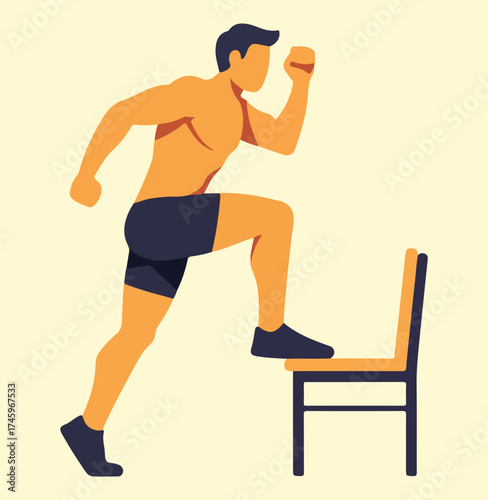 A flat illustration of a muscular shirtless man in dark shorts performing a step-up exercise onto a low chair