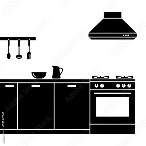 Modern kitchen interior with black cabinets, oven, and utensils hanging above