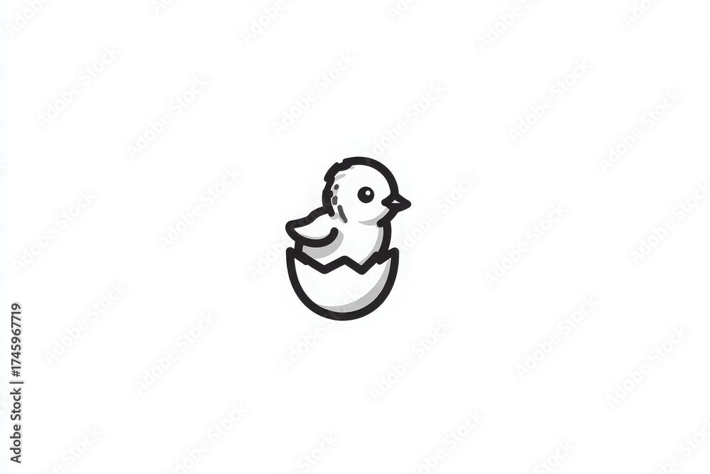 Obraz premium A small chick is emerging from a cracked eggshell. The design features a minimalistic style with clear lines, showcasing the joy of new life. The bright colors appeal to young audiences.