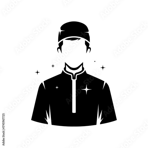 A black and white illustration of a person wearing a cap and a collared shirt