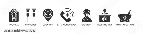 The Hospital Network of Care Icons set vector illustration with glyph Hospital, Crutches, Location,  Emergency call, Doctor, Receptionist,  Pharmaceutical