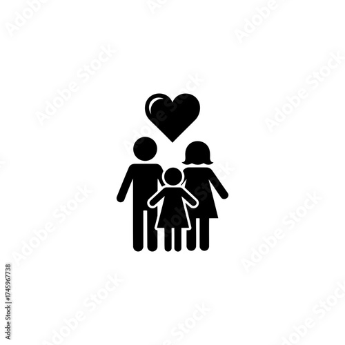 A simple black icon representing a family of three, including parents and a child, with a heart symbol above them
