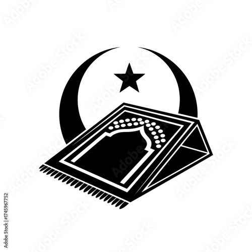 Islamic prayer rug with crescent moon and star symbol
