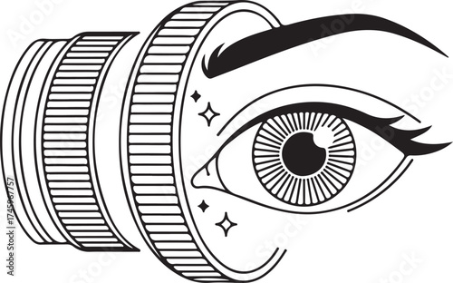 A striking black and white line art illustration combining a camera lens with a stylized human eye