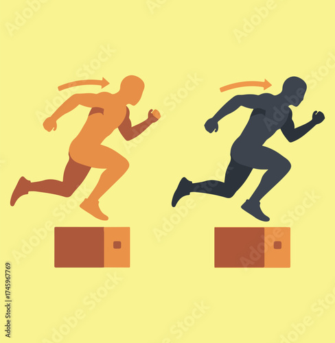 A simplified illustration showing two silhouettes of a sprinter or runner jumping off a small box, with one in orange and one in dark gray, both with an arrow indicating forward motion
