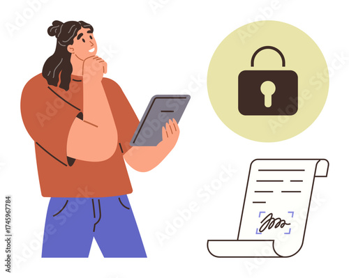 Thoughtful woman holding a tablet, lock icon symbolizing data security, signed document. Ideal for cybersecurity, digital trust, encryption, signature verification, e-governance, secure