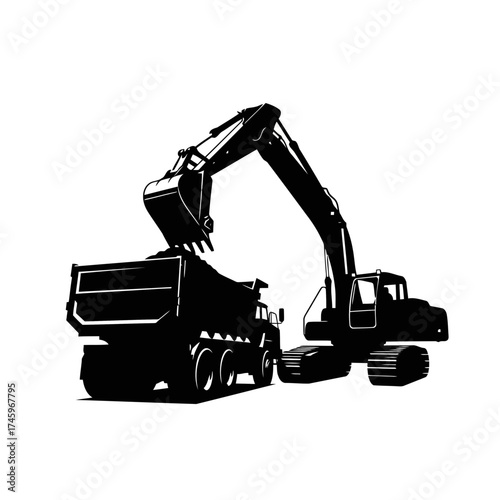 Silhouette of an excavator loading dirt into a dump truck