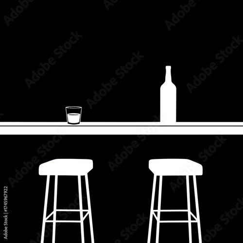 A minimalist illustration of a bar counter with two stools, a glass, and a bottle, set against a stark