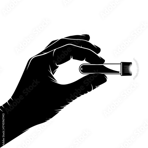 Silhouette of a gloved hand holding a small test tube with a glowing light