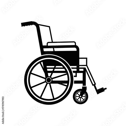 A black and white illustration of a wheelchair isolated on a, symbolizing mobility and accessibility for people with disabilities