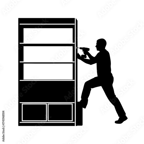 Silhouette of a person assembling a shelf unit with a drill