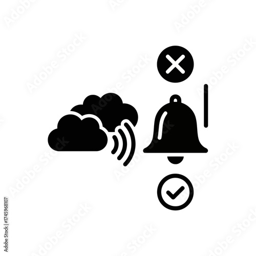 Cloud notification alert symbol, bell icon with checkmark and cross