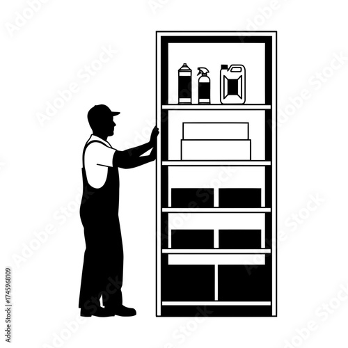 Silhouette of a worker in overalls and a cap organizing shelves in a tall storage unit