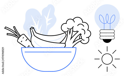 Bowl of fruits and vegetables next to light bulb and sun. Ideal for health, sustainability, nutrition, energy, veganism, eco-lifestyle, and wellness concepts. Simple flat metaphor