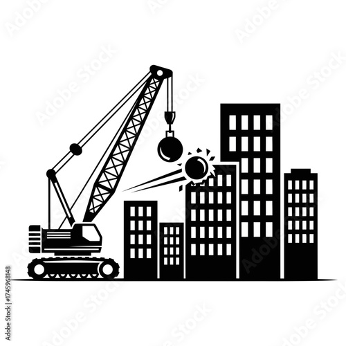 Demolition crane with wrecking ball destroying buildings in a city skyline, symbolizing urban renewal and construction