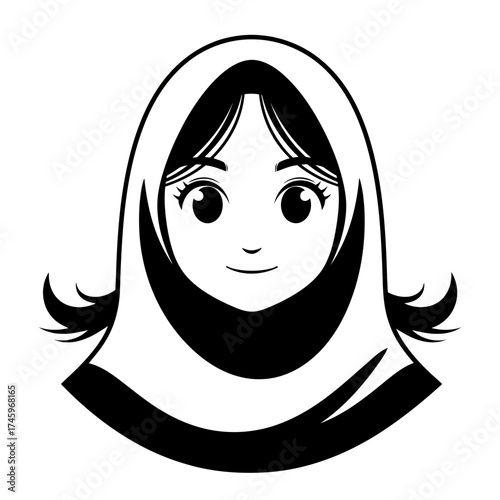Stylized black and white illustration of a young muslim woman wearing a hijab