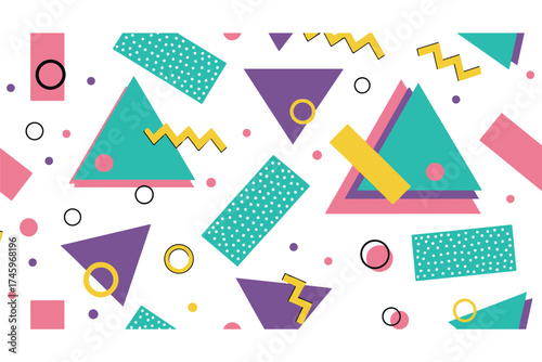 Abstract geometric pattern with 1980s memphis design style, featuring triangles, rectangles, and zigzags isolated on transparent background