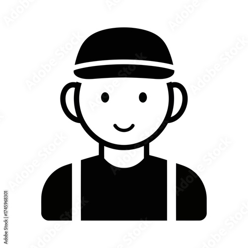 Simple black and white icon of a person wearing a cap and overalls