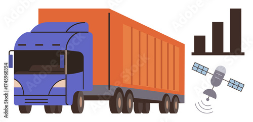 Freight truck in motion, bar chart symbolizing analytics, and satellite showing communication. Ideal for logistics, transportation, supply chain, technology, data tracking, shipping efficiency