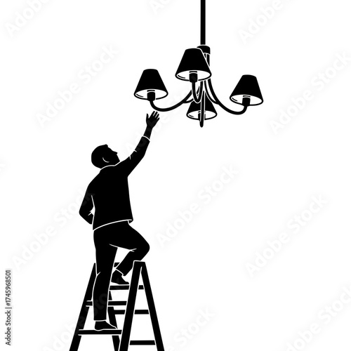 Silhouette of a man on a ladder reaching up to a chandelier