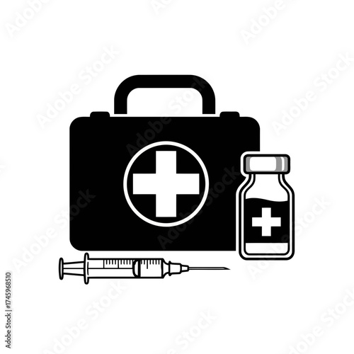 First aid kit, syringe, and vial with medical cross symbol