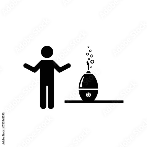 A person with arms outstretched next to an ultrasonic essential oil diffuser emitting steam