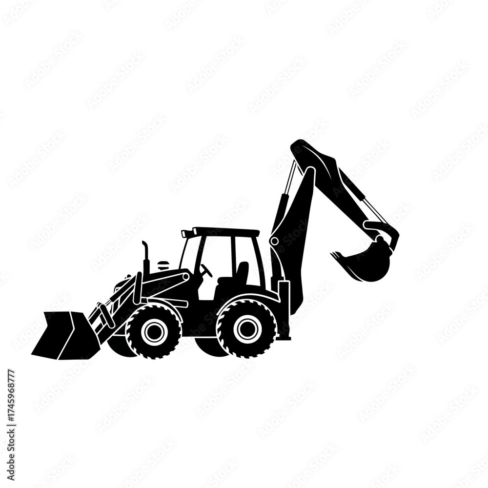 Fototapeta premium Black silhouette of a backhoe loader digging machine