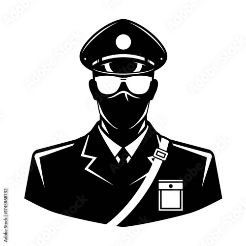 Black and white illustration of a security guard wearing a hat and sunglasses