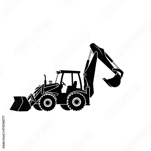 Black silhouette of a backhoe loader digging machine
