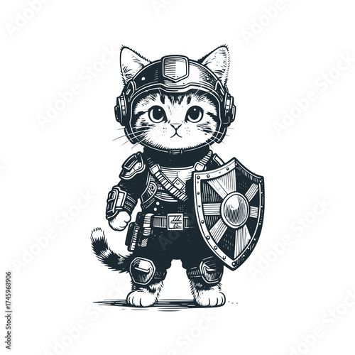 Adorable kitten in riot gear with tiny shield  – Black and White Icon Vector and Illustration