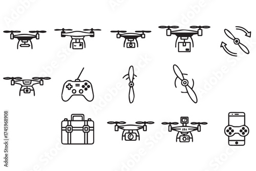 Set of drone and accessory icons including quadcopters, propellers, controller, and carrying case, isolated on transparent background