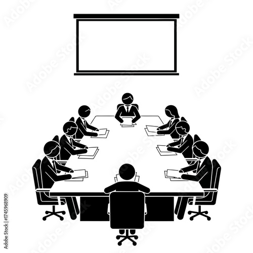 Business meeting with presentation screen and people sitting around a conference table with documents